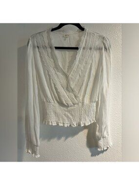 Self Love Boho White Faux Wrap Smocked Ruffled Blouse Size Small